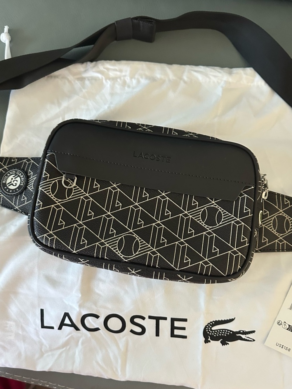Lacoste Black and White Monogram Belt Bag